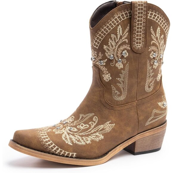 Women Brown Cowgirl with Sparkly Embroidered Rhinestone Short Western Ankle Boot - Picture 8 of 8